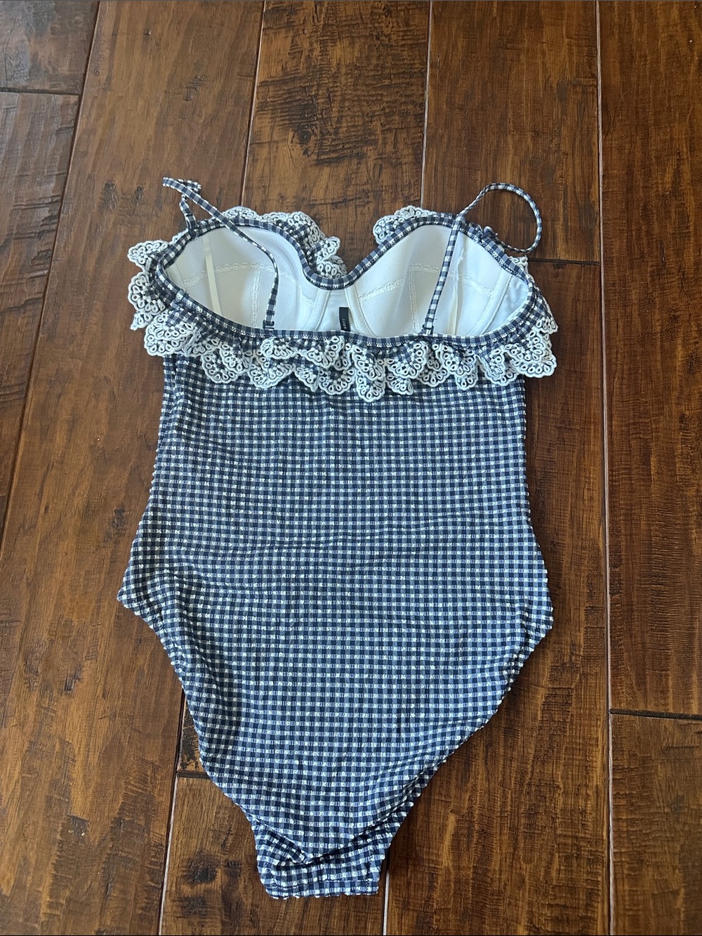 J. Crew Scalloped Eyelet Ruffle One Piece Swimsuit Textured Gingham in Navy - Picture 5 of 7